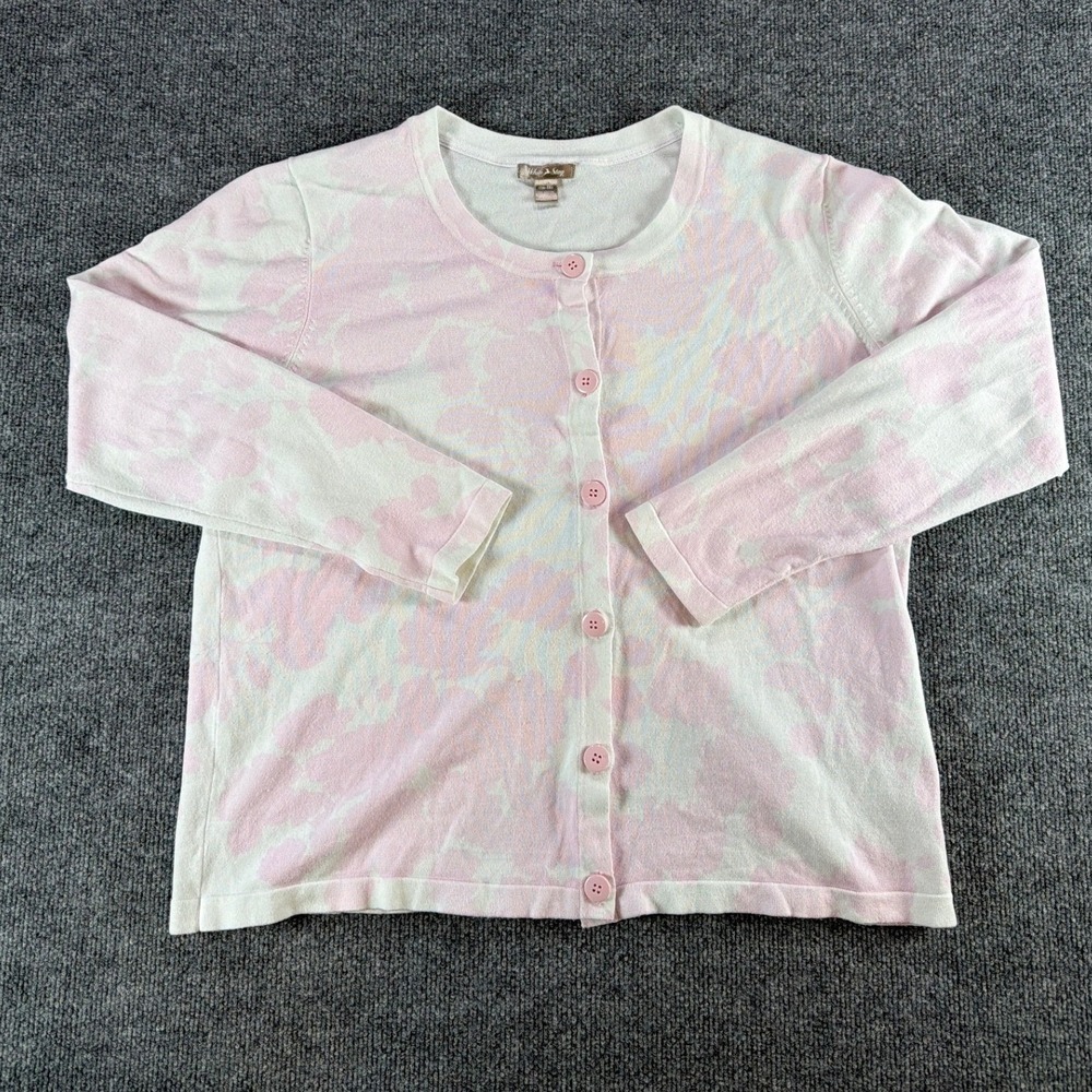 White‎ Stag Womens XL Pink White Floral Watercolor Button Front Cardigan Sweater